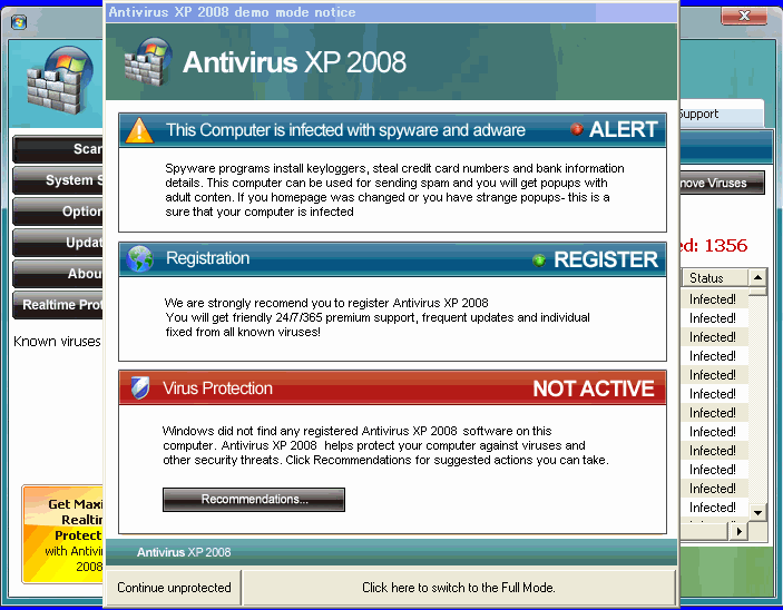 図2 「Antivirus XP 2008」画面表示例２：ウイルス保護機能の導入を勧める表示