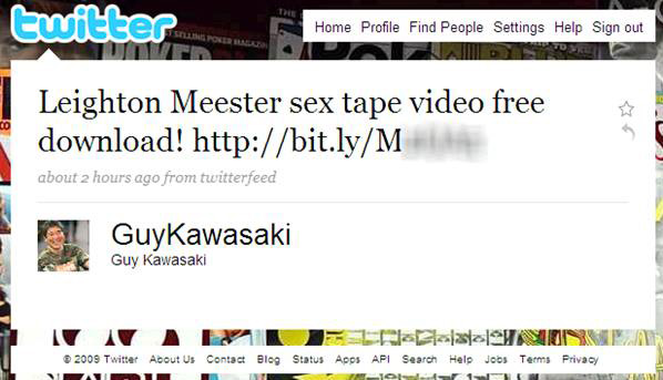 図1 Leighton Meesterのアダルトビデオへのリンクが表示されたGuy Kawasaki氏のTwitterアカウント