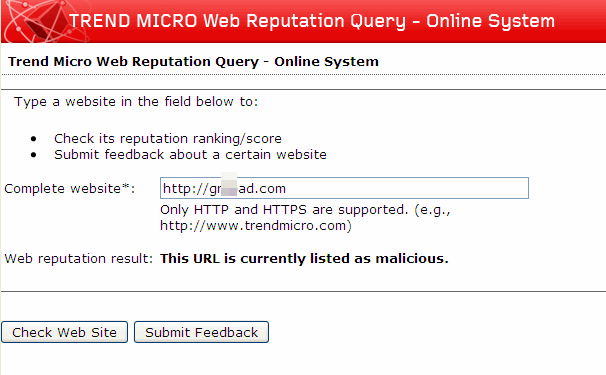 図1 「Trend Micro Web Reputation Query」による調査結果
