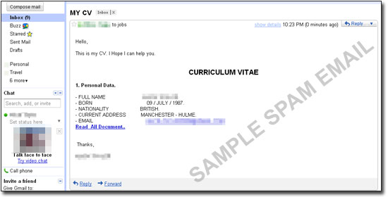 図５：求職の書類を装ったスパムメールの例