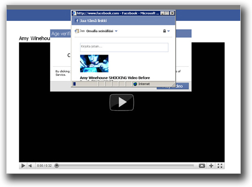 図3：問題の動画ページへのリンクがユーザのFacebookのウォールに投稿されることを通知するダイアログボックス例