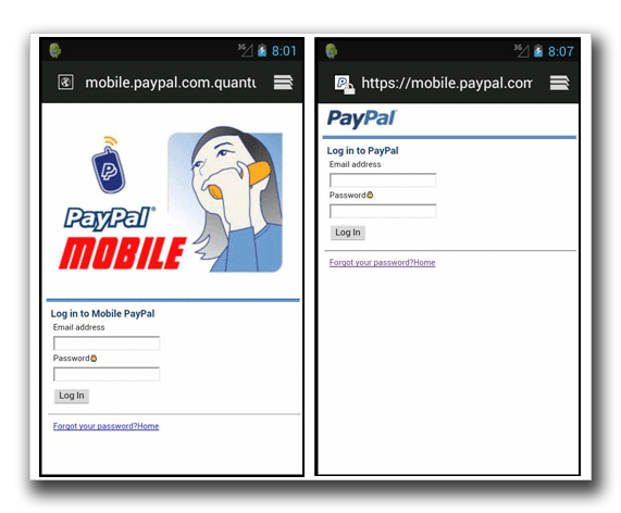 図3：モバイル向け「PayPal」の偽のWebサイト（左）と正規サイト（右）