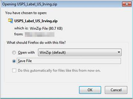 図3：圧縮ファイル「USPS_Label_US_Irving.zip」がダウンロードされる。このファイルは、「BKDR_KULUOZ.ED」として検出される