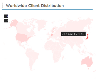 図1：SPN による 6月19～23日の間での不正サイトへのアクセス数分布。全世界で約 2万5千件のアクセスのうち、およそ 70% が日本に集中
