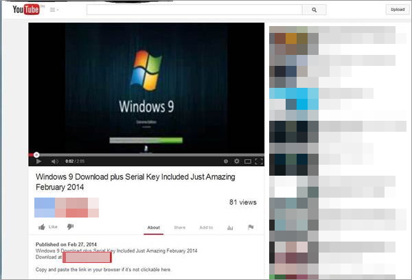 図5：Windows 9 の無料ダウンロードを提供する Youtube の動画ページ
