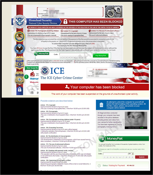 図1：国土安全保障省の国家サイバーセキュリティ部門や米国移民関税捜査局サイバー犯罪センタからとする偽の警告文