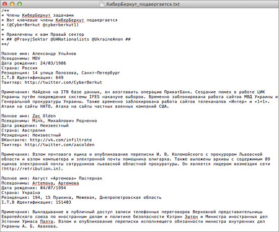 図4：図4: CyberBerkut のメンバーに関する個人情報が含まれた Pastebin 上の投稿