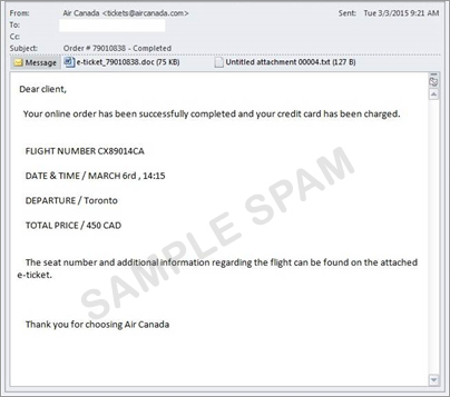 図1：Air Canada を装った電子航空券。不正なマクロが組み込まれた文書ファイルが添付されている。