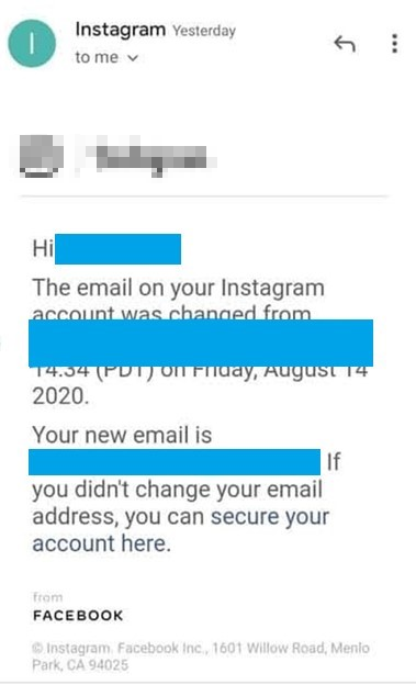 図5：Instagramアカウントにリンクした確認用メールアドレスが変更されたことを利用者に通知するメールの例