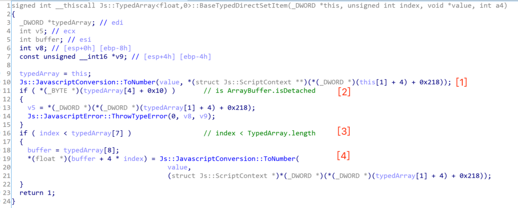 図2：Js::TypedArray<float,0>::BaseTypedDirectSetItemのコードスニペット