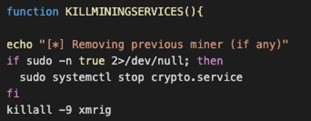 Screenshot 1 of 4 of cryptocurrency-mining malware code that kills off other existing cryptocurrency-mining malware in an infected system or device