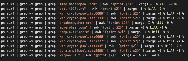 Screenshot 4 of 4 of cryptocurrency-mining malware code that kills off other existing cryptocurrency-mining malware in an infected system or device