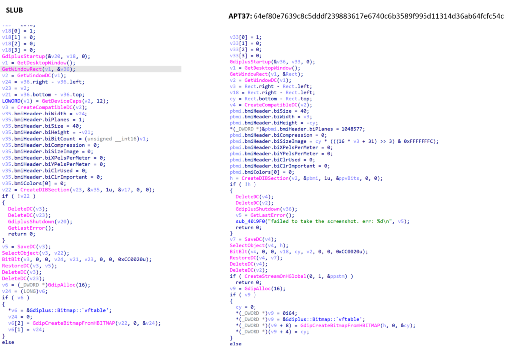 図12：SLUBとAPT37が用いたスクリーンショット機能のコード記述の比較図