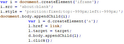 図31：画面外に空のiframeの作成（上）およびリンクの作成（下）を実行するためのコード