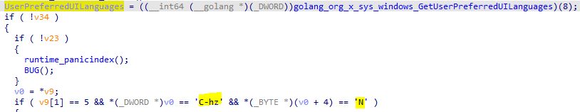 図7：検体「MTYwOTI1MzEzNQ==.exe」内で感染端末のUI言語が簡体字中国語(zh-CN)に設定されているかどうかを確認するための不正コード