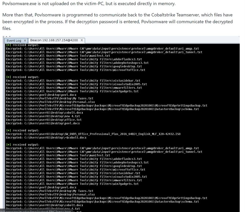 図6.Cobalt Strikeの下で実行されている不正プログラムを示すPovlsomware GitHubページのスクリーンショット