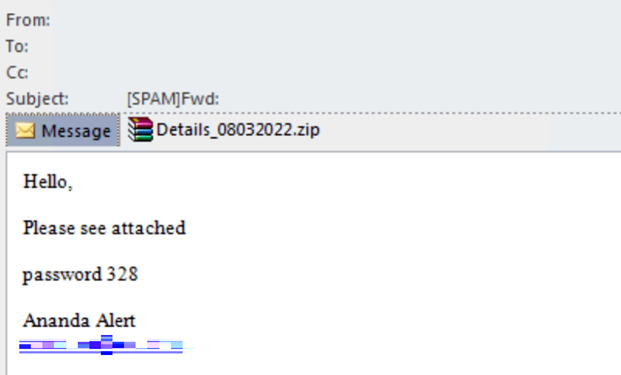 パスワードを用いて、添付されたアーカイブファイルを開くよう誘導するEMOTETスパムのメッセージ例